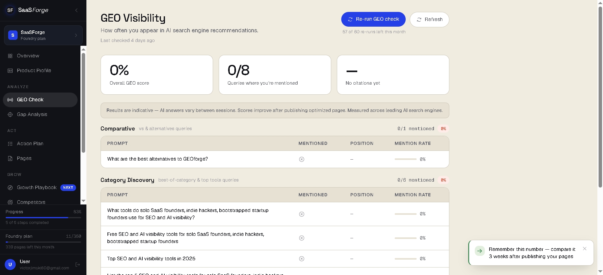 SaaSForge GEO Visibility — how often AI search engines mention you